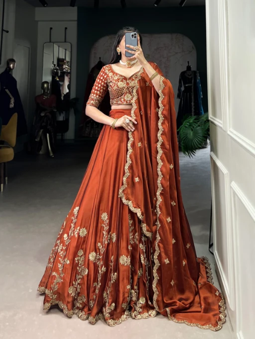 Wedding Wear Orange Lehenga with Flower Embroidery