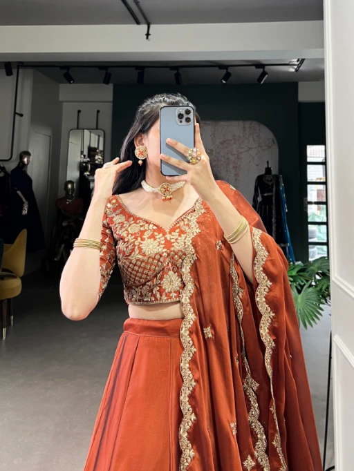Wedding Wear Orange Lehenga with Flower Embroidery - Image 4