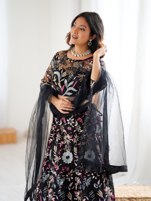 Black Wedding Lehenga with Embroidery