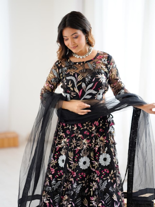 Black Wedding Lehenga with Embroidery