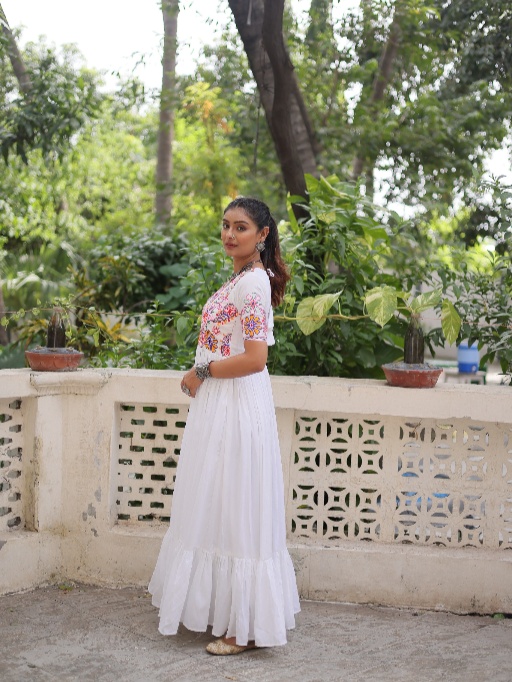 Plain White Gown With Multi Color Embroidery