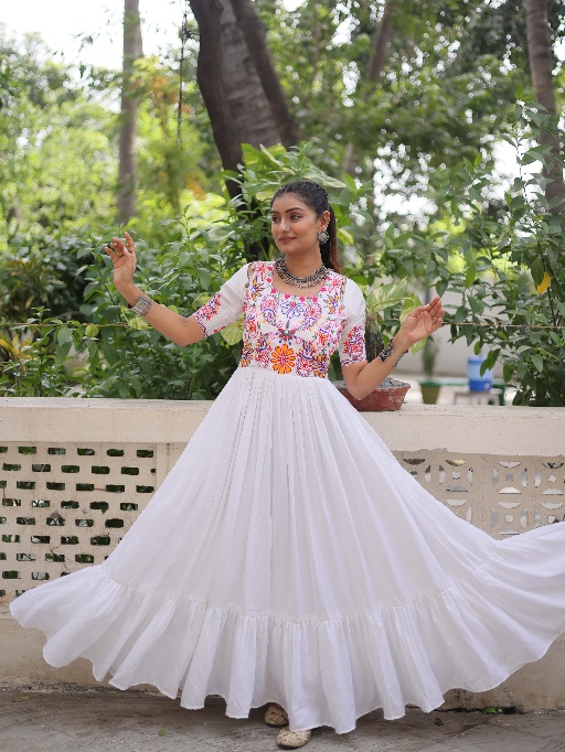 Plain White Gown With Multi Color Embroidery