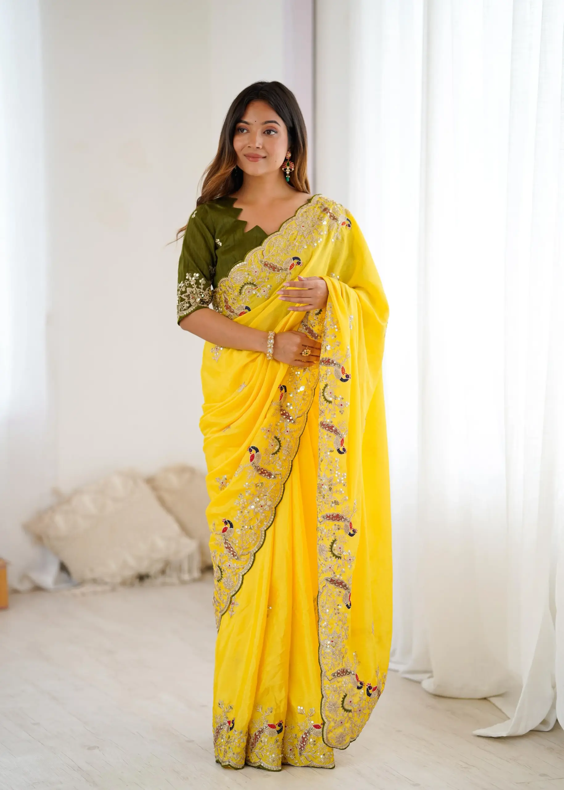 Designer Haldi Wear Yellow Saree - Image 3
