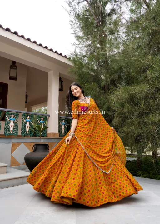 Mustard Color Bandhani Printed 7 Mtr Chaniya Choli For Navratri Perfect Twril Traditional Look with Readymade Blouse