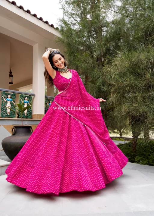 Rani Pink Bandhani Printed 7 Mtr Chaniya Choli For Navratri