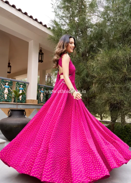 Pink Color Bandhani Printed 7 Mtr Chaniya Choli For Navratri with Stitched Sleeveless Blouse Ready to Wear Fancy Design