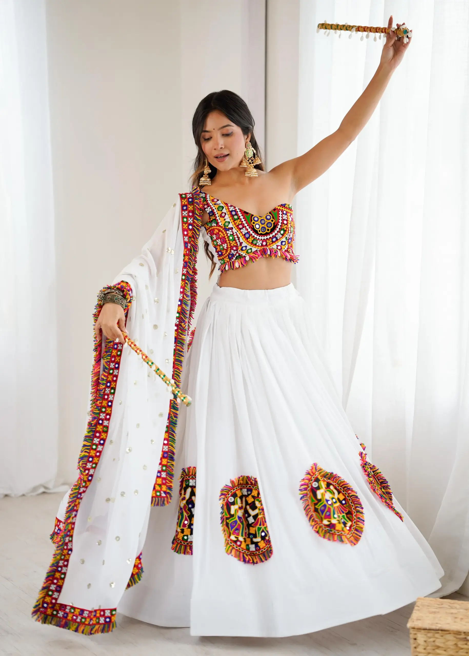 White Navratri Chaniya Choli with Fancy Blouse