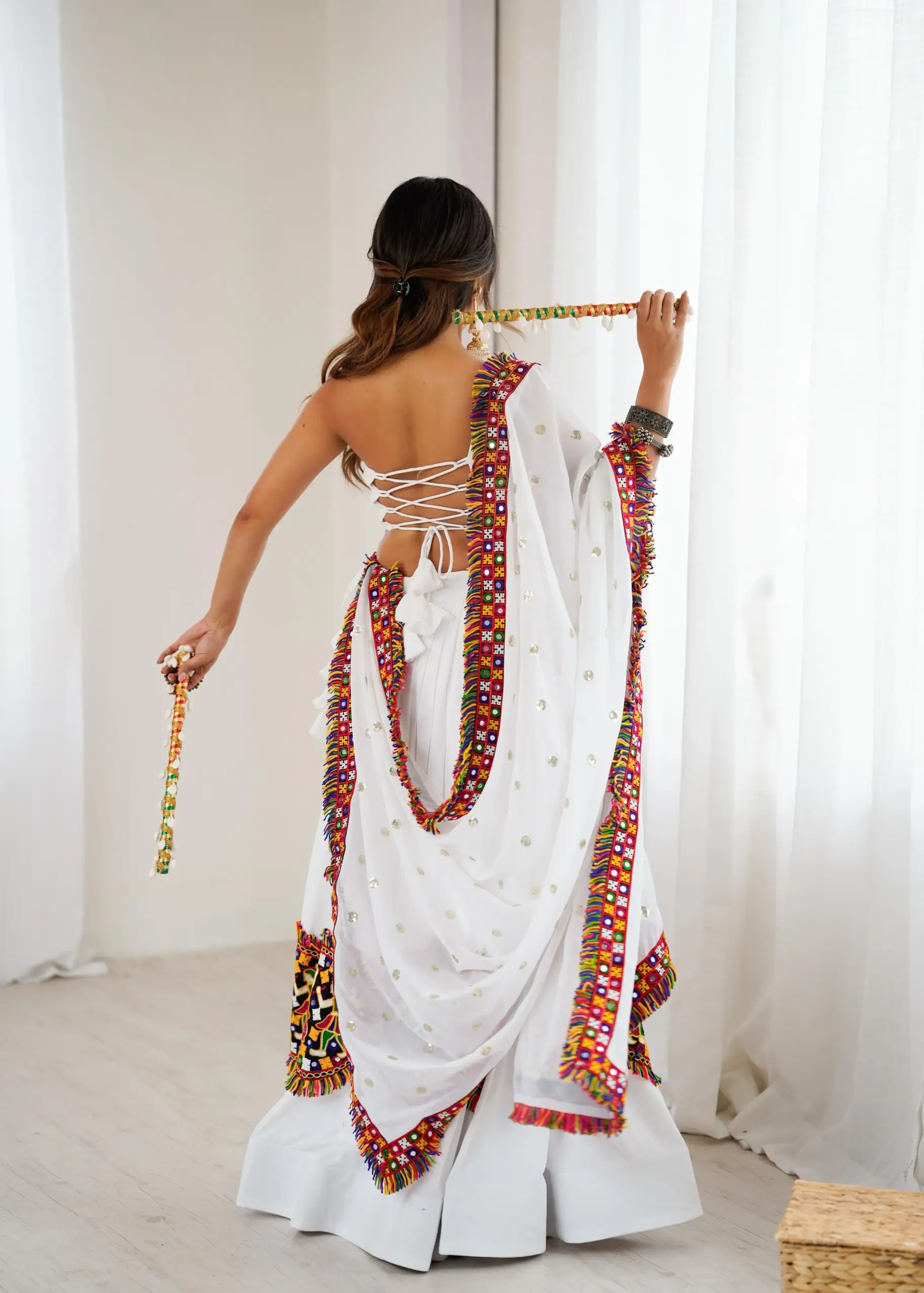 White Navratri Chaniya Choli with Fancy Blouse - Image 2