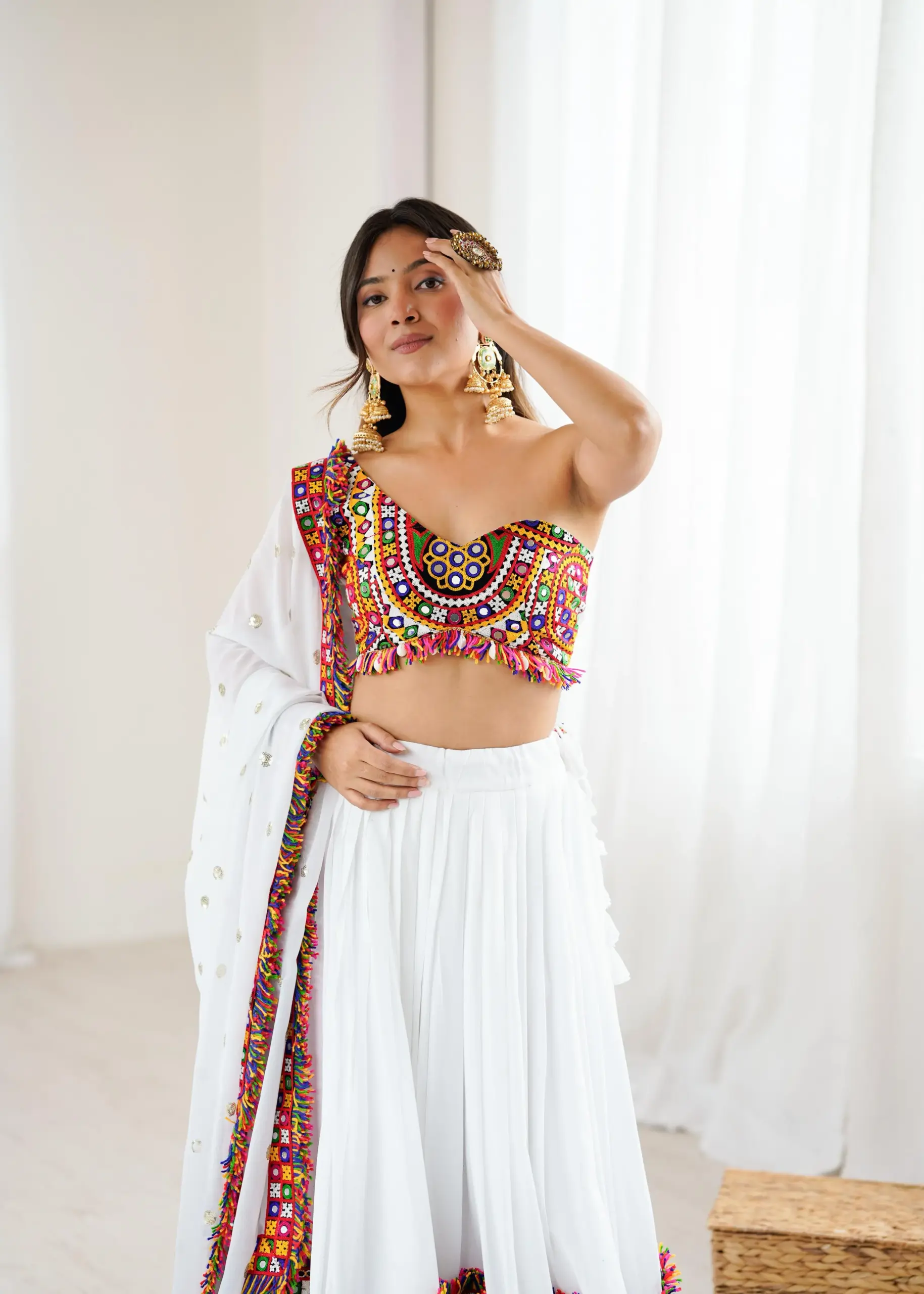 White Navratri Chaniya Choli with Fancy Blouse - Image 3