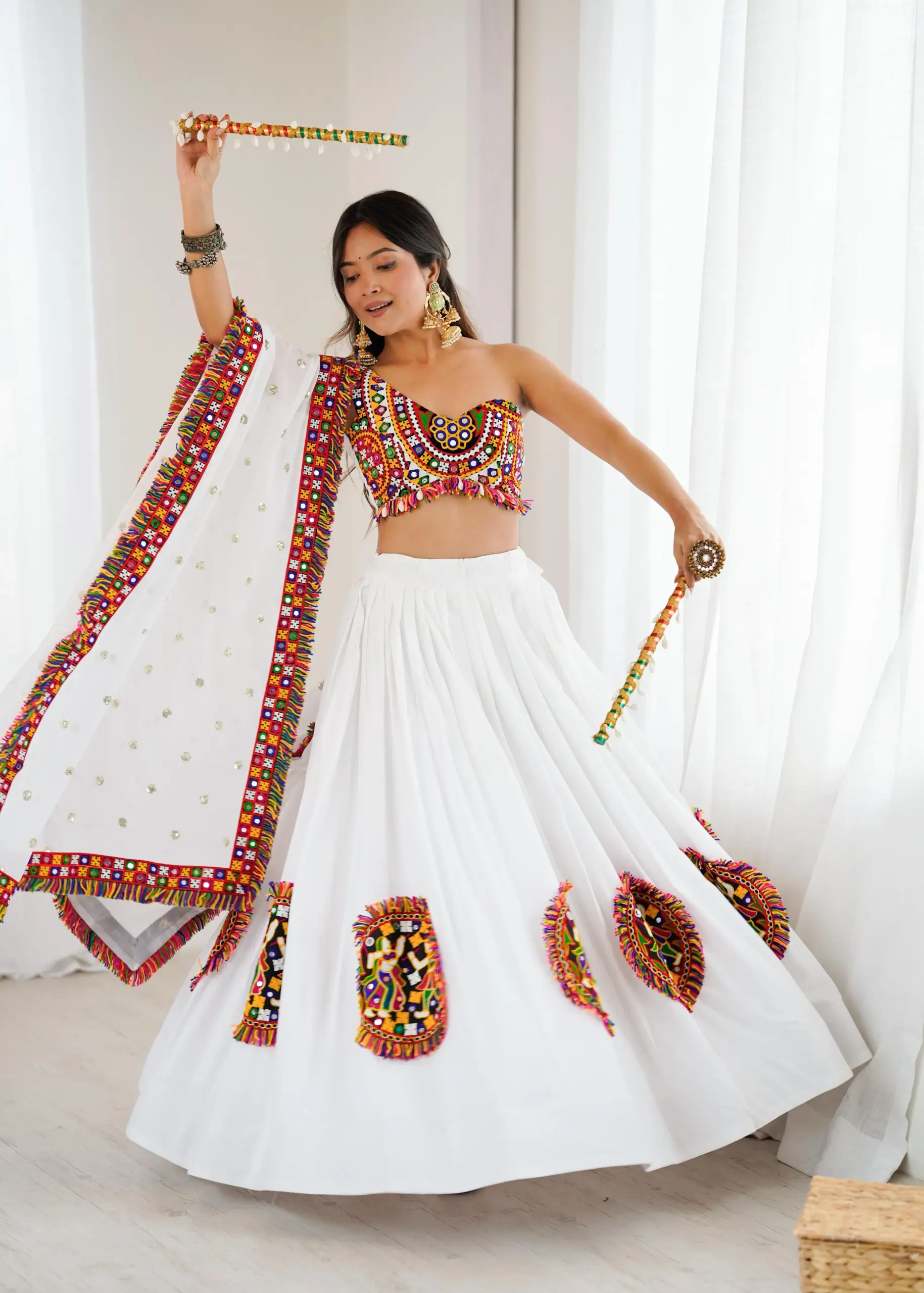 White Navratri Chaniya Choli with Fancy Blouse - Image 4