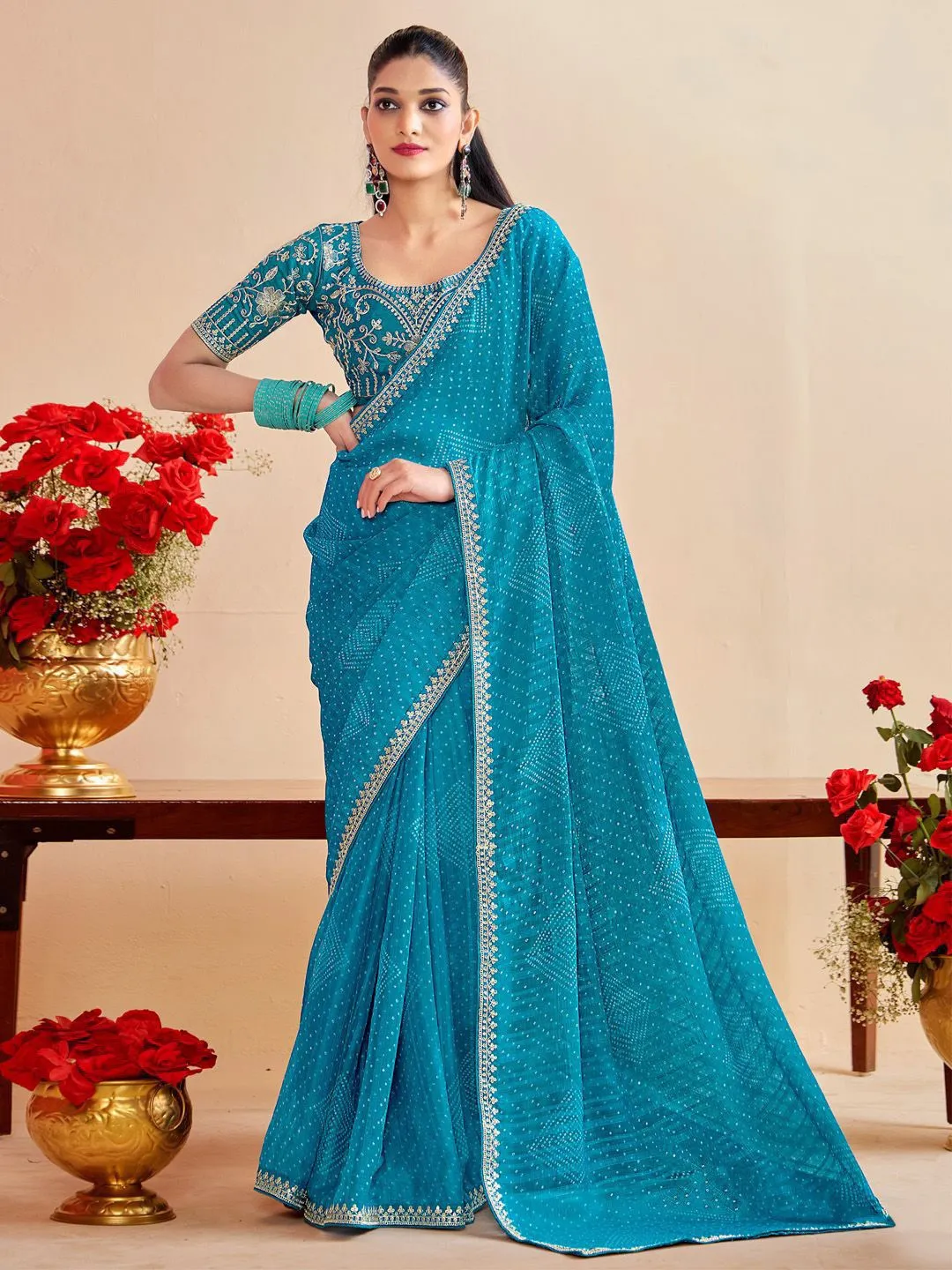 Bandhani Saree with Embroidery Blouse - Image 4