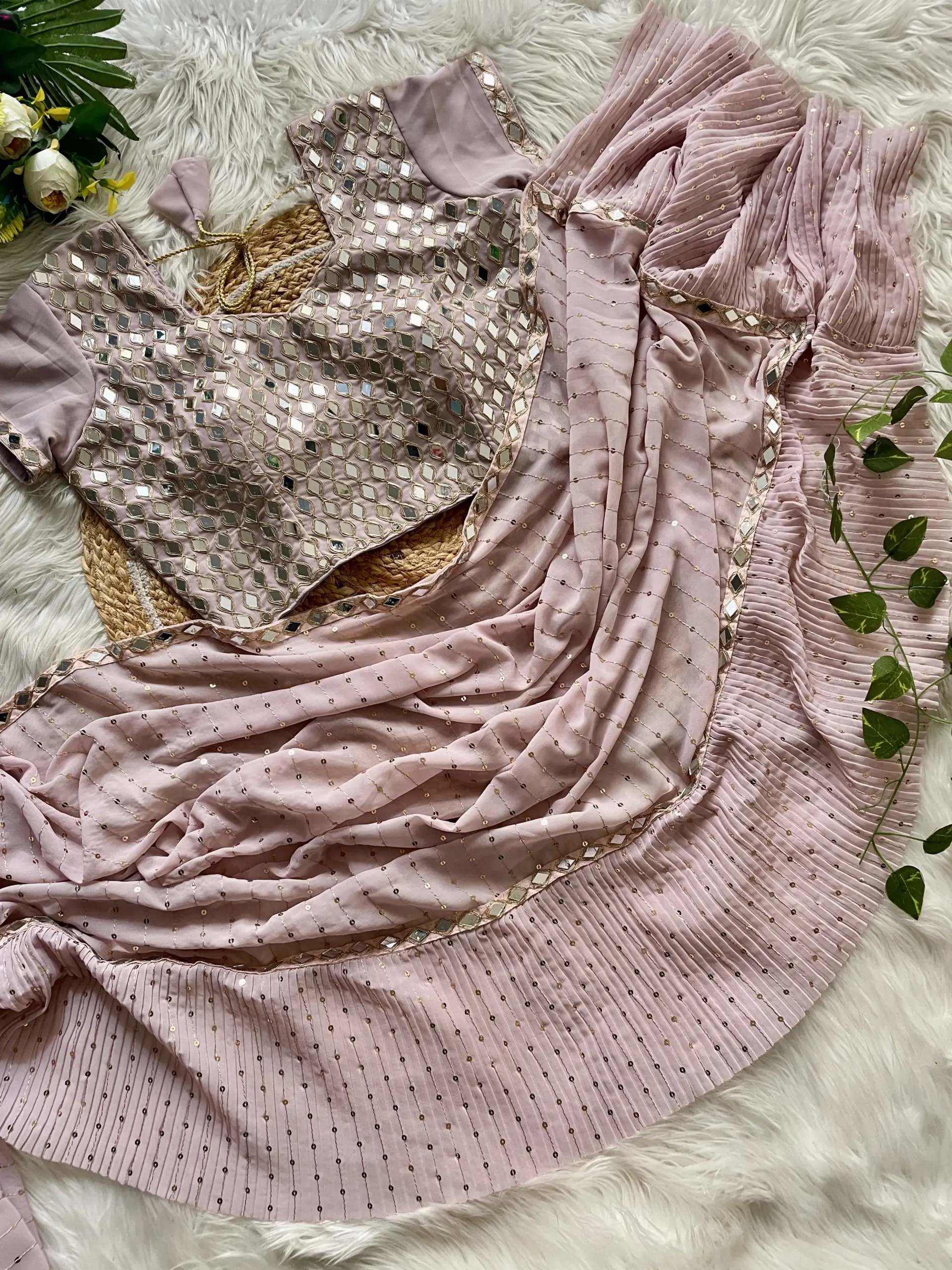 Bollywood Inspired Peach Color Mirror Saree - Image 2