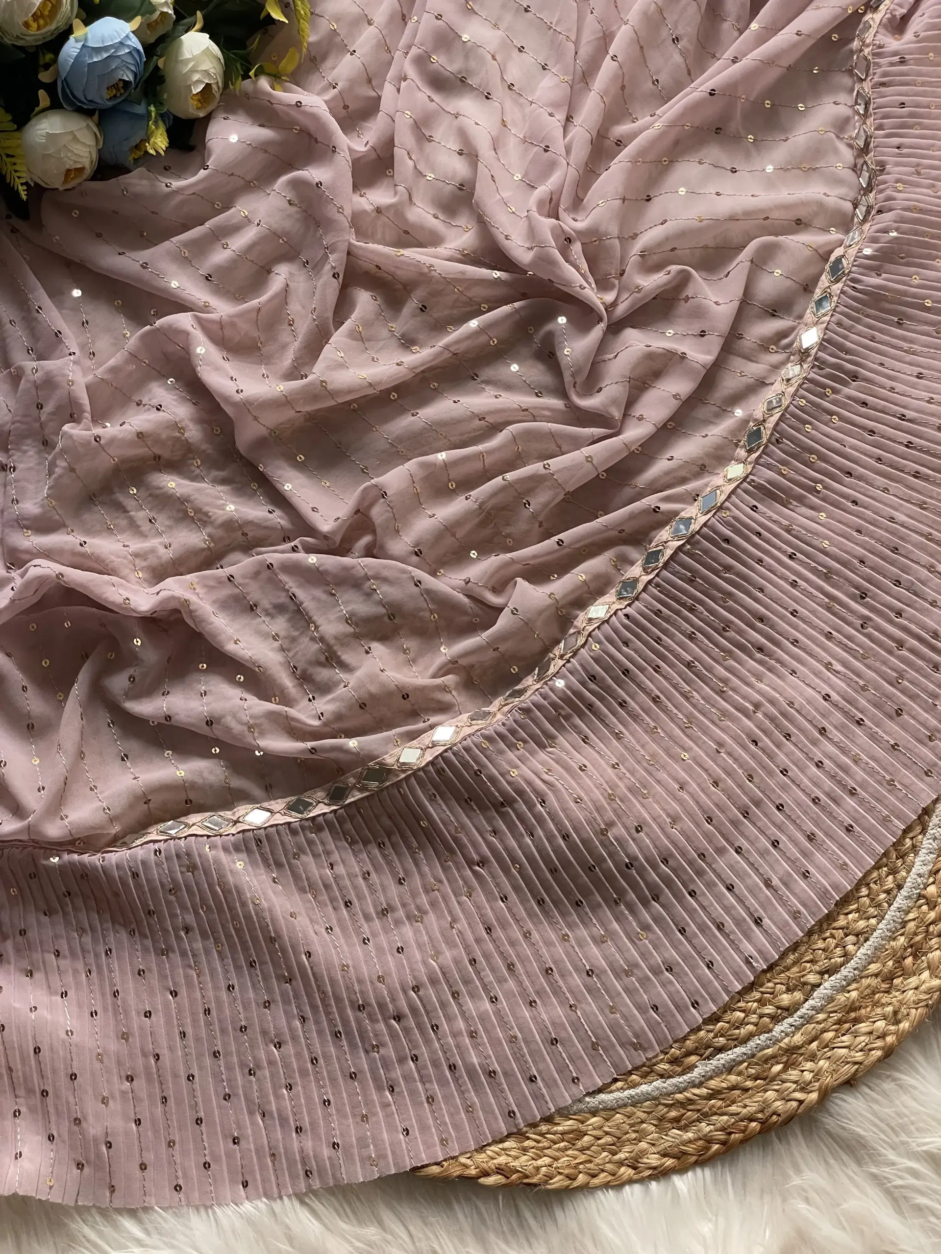 Bollywood Inspired Peach Color Mirror Saree - Image 3