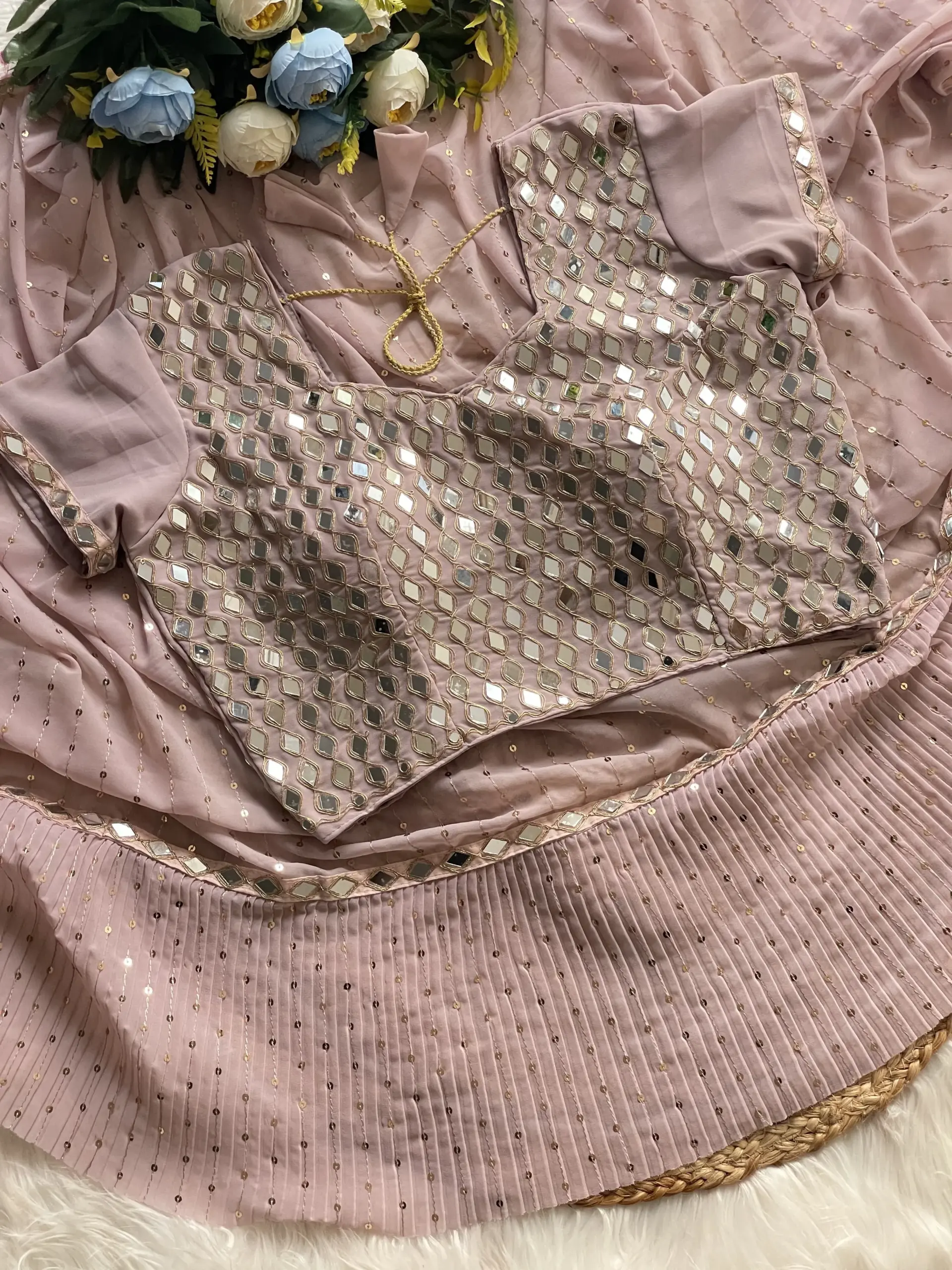 Bollywood Inspired Peach Color Mirror Saree - Image 4