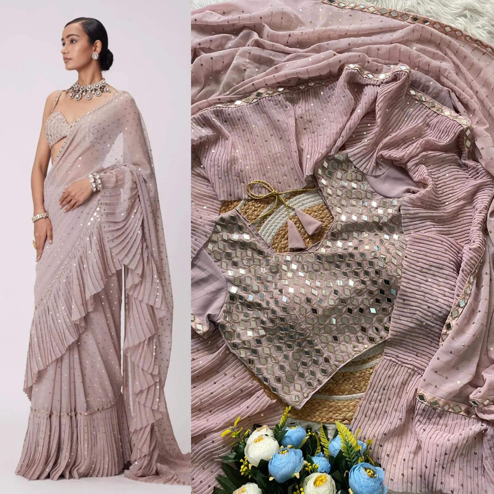 Bollywood Inspired Peach Color Mirror Saree - Image 5