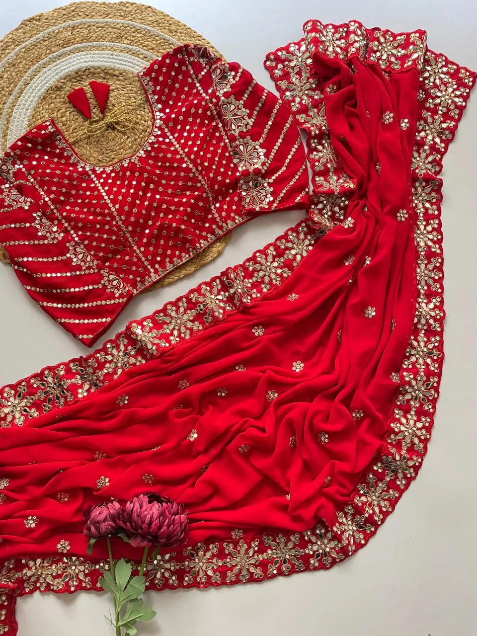 Fancy Red Saree For Karwa Chauth 2025 - Image 2