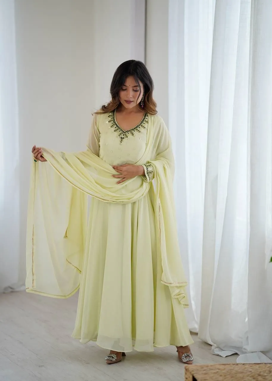 Festive Special Lime Color Handwork Gown