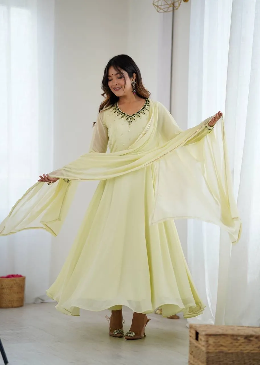 Festive Special Lime Color Handwork Gown - Image 2
