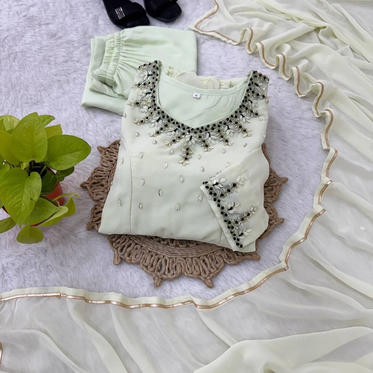 Festive Special Lime Color Handwork Gown - Image 3