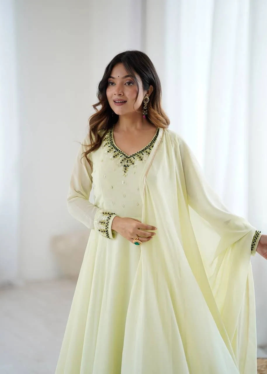 Festive Special Lime Color Handwork Gown - Image 4