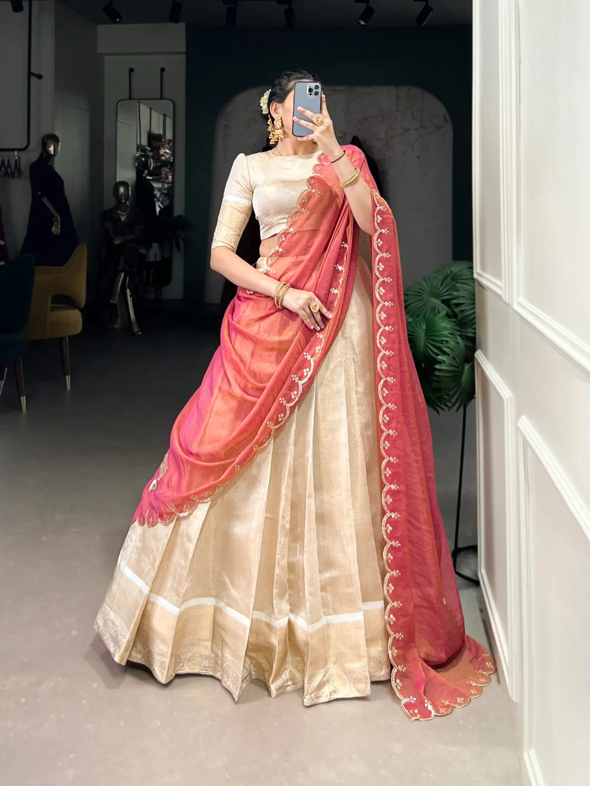 Off White Half Saree Lehenga Choli