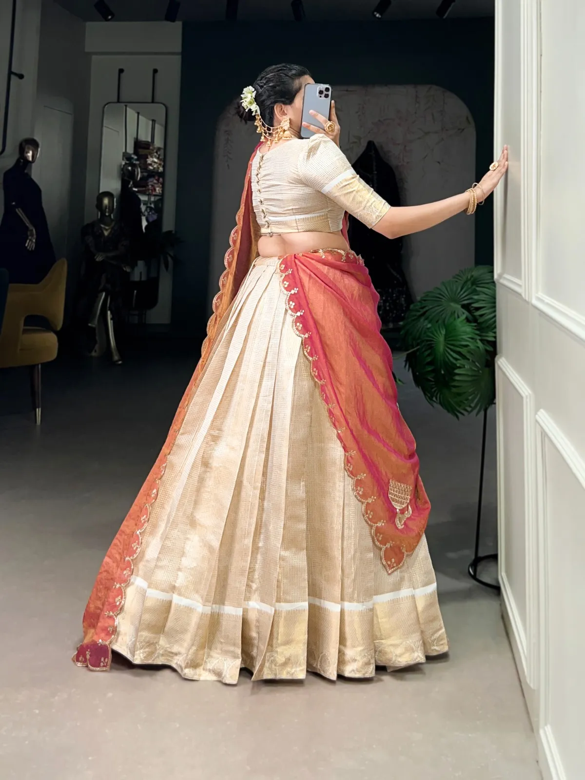 Off White Half Saree Lehenga Choli - Image 3