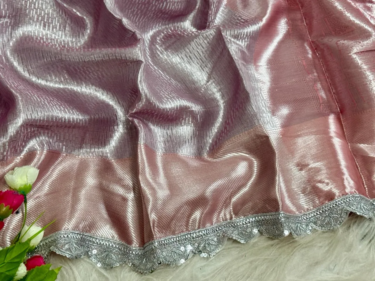 Pastel Pink Banarasi Tissue Silk Saree - Image 3