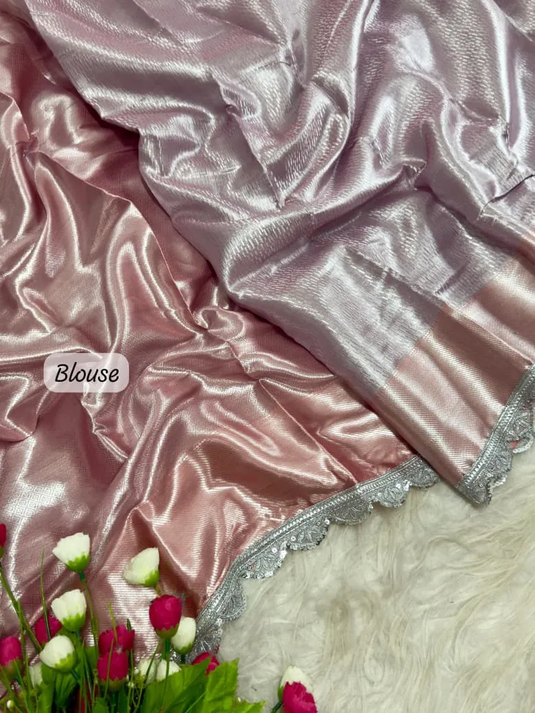 Pastel Pink Banarasi Tissue Silk Saree - Image 4