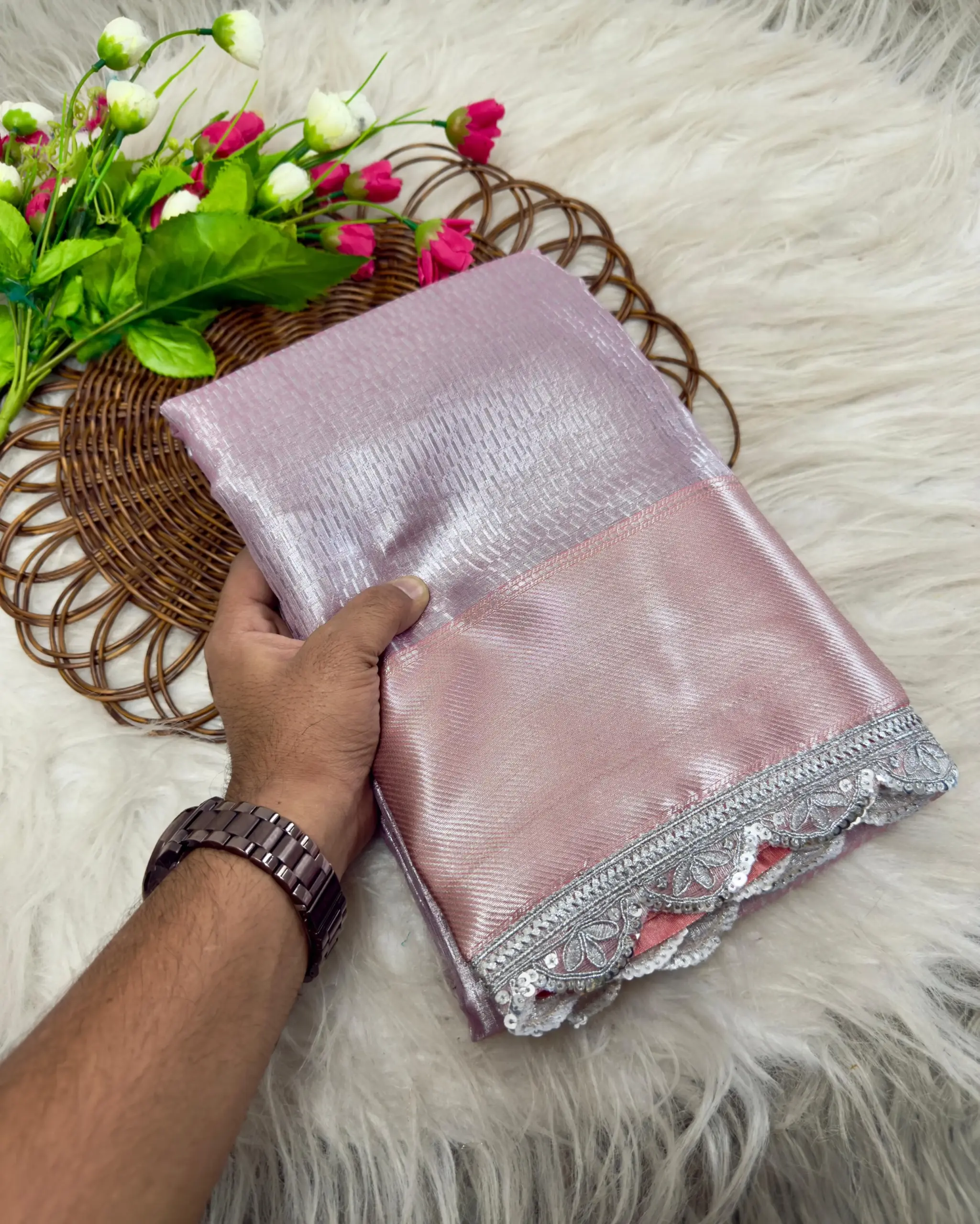 Pastel Pink Banarasi Tissue Silk Saree with Border - Image 2