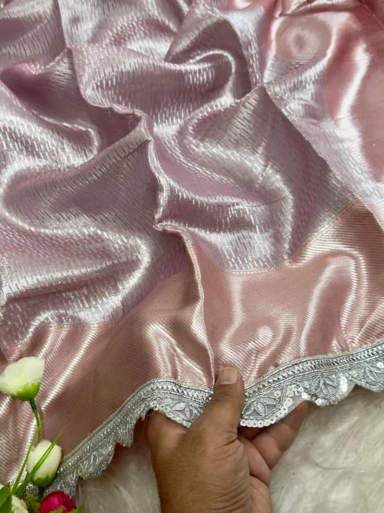 Pastel Pink Banarasi Tissue Silk Saree with Border - Image 3