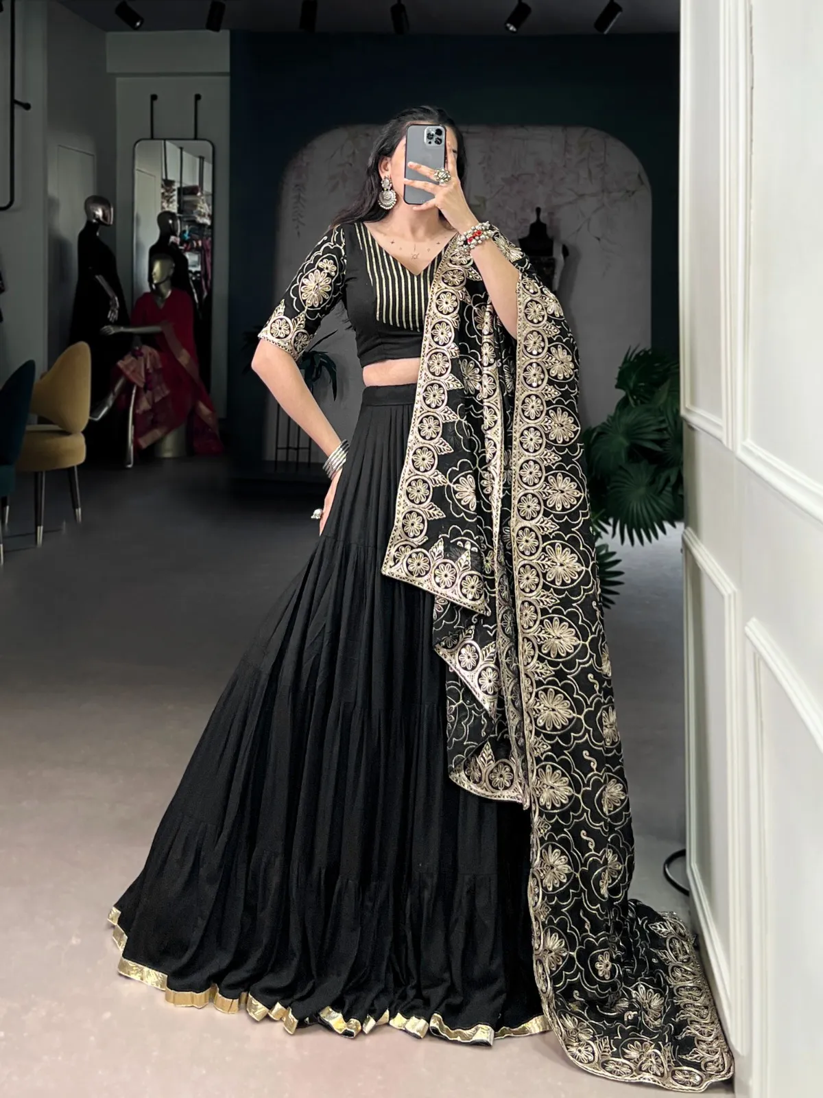Pure Black Big Flair Lehenga Choli with Heavy Dupatta