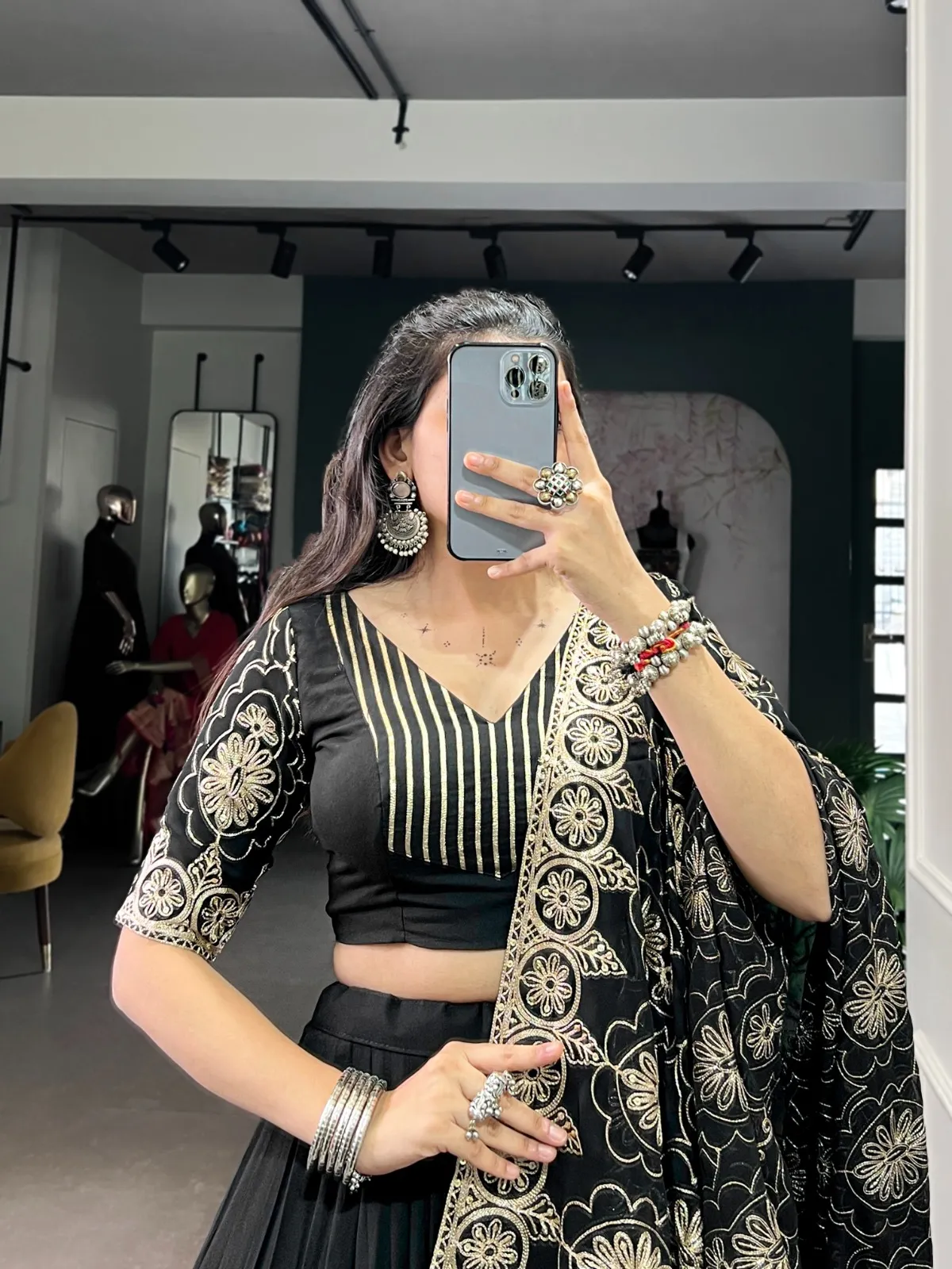 Pure Black Big Flair Lehenga Choli with Heavy Dupatta - Image 3