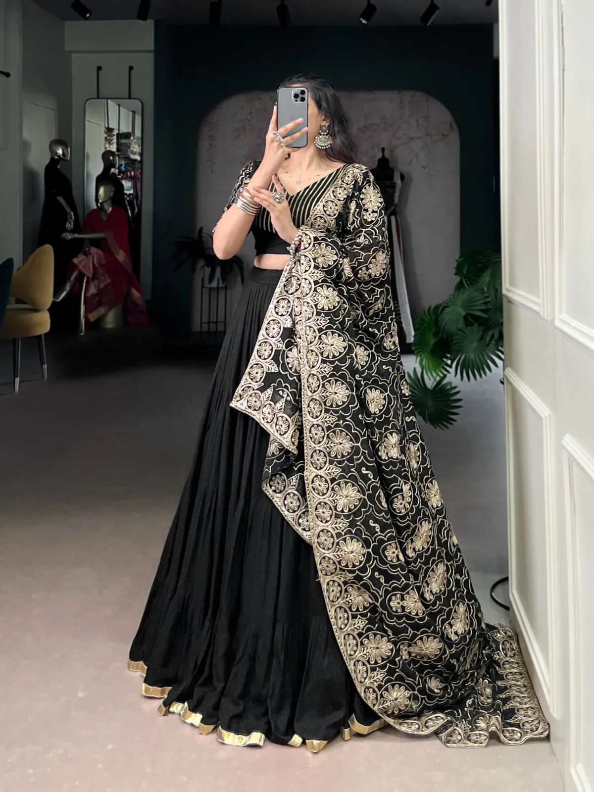 Pure Black Big Flair Lehenga Choli with Heavy Dupatta - Image 4
