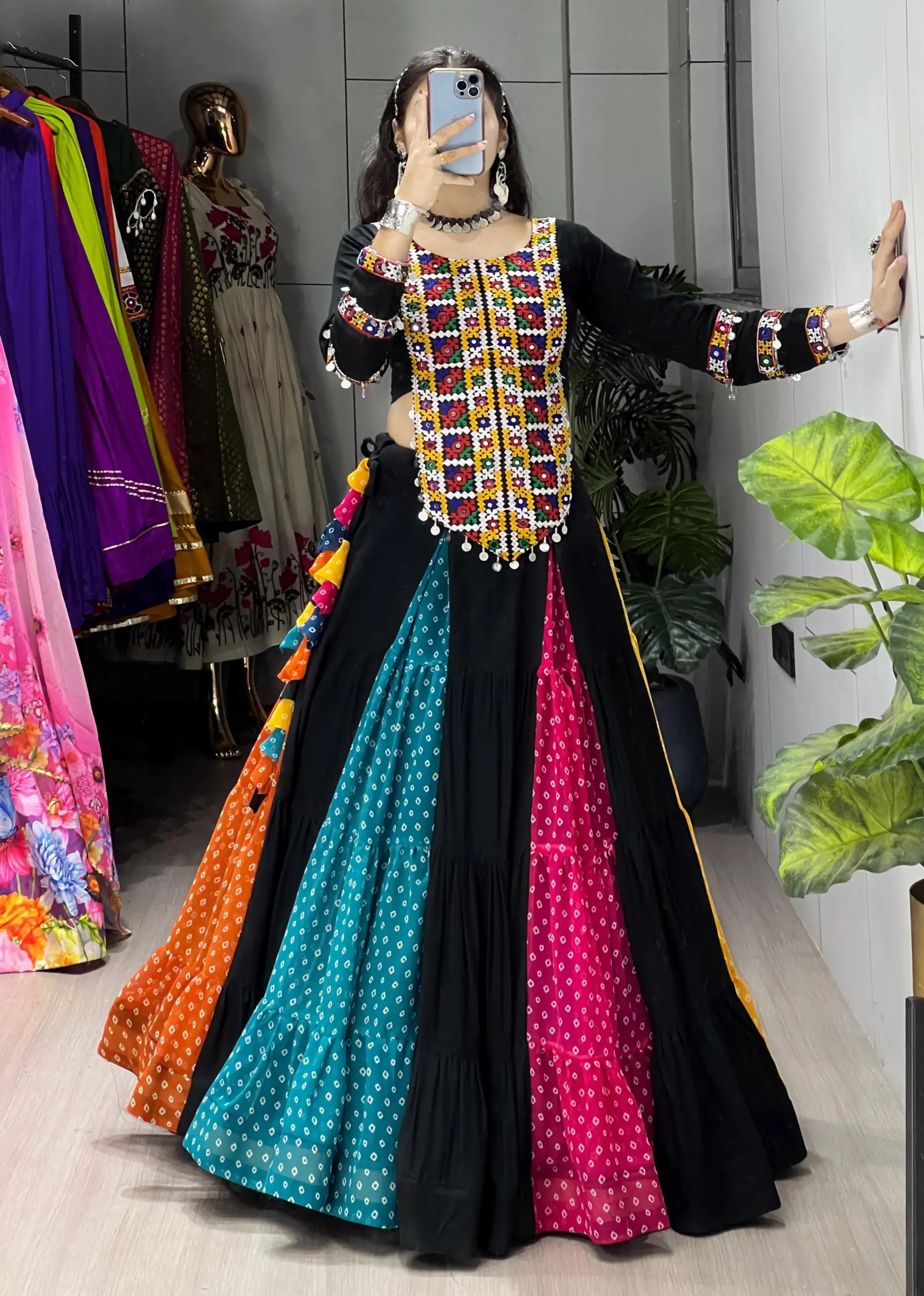 Pure Rayon Multi Color Navratri Chaniya with long Blouse