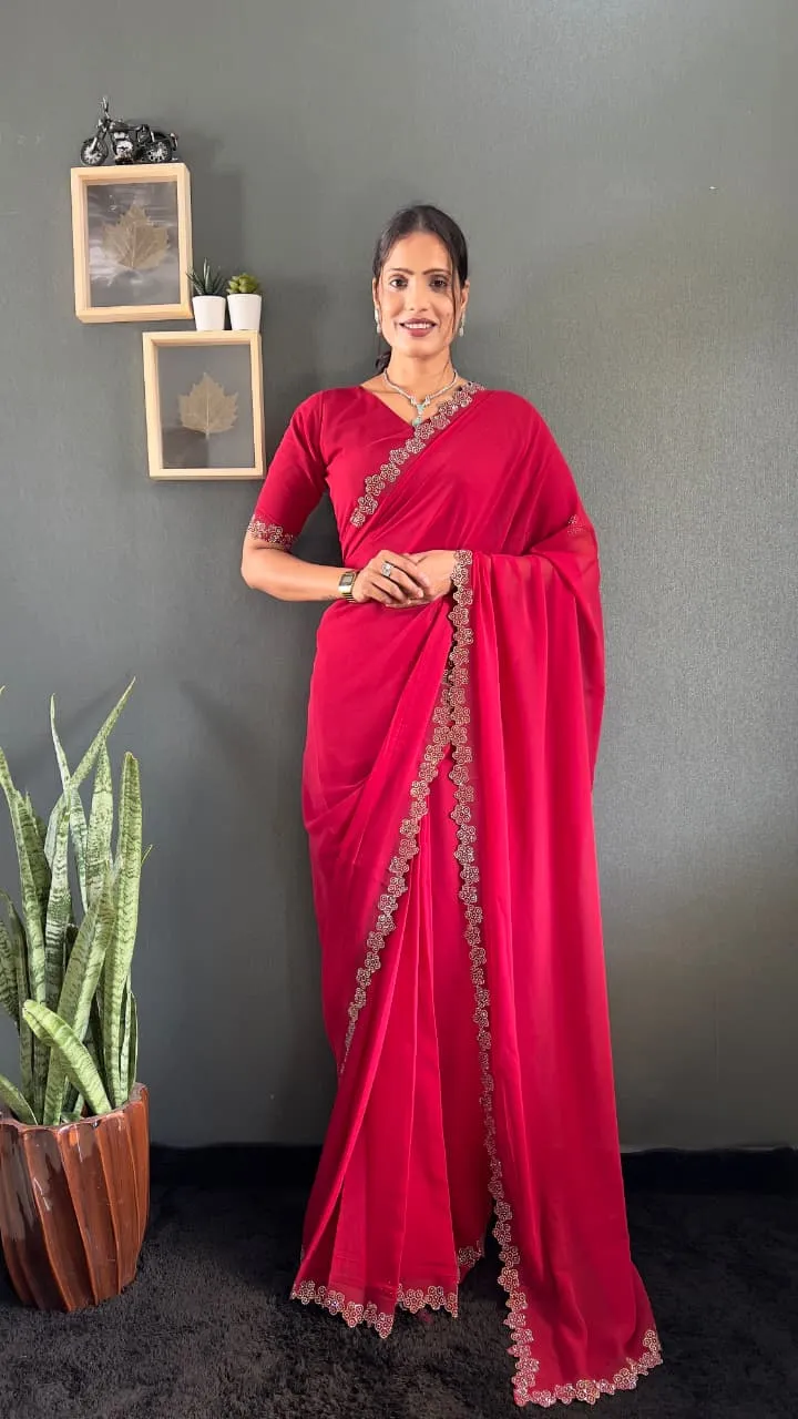 Readymade Diamond work Saree For Diwali - Image 4