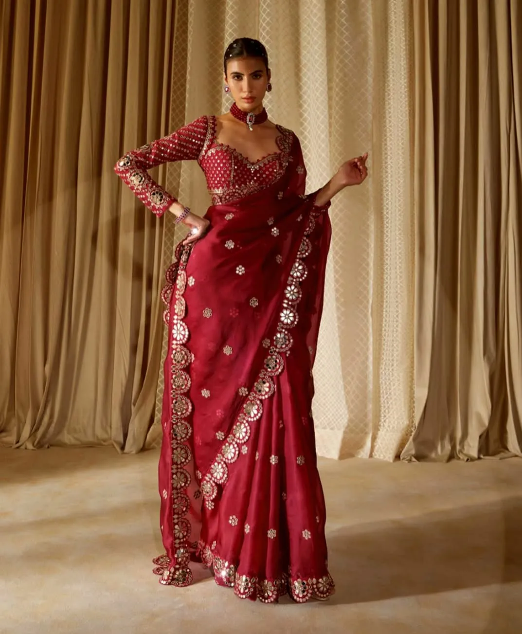Bollywood Inspired Red Mirror work Party Saree