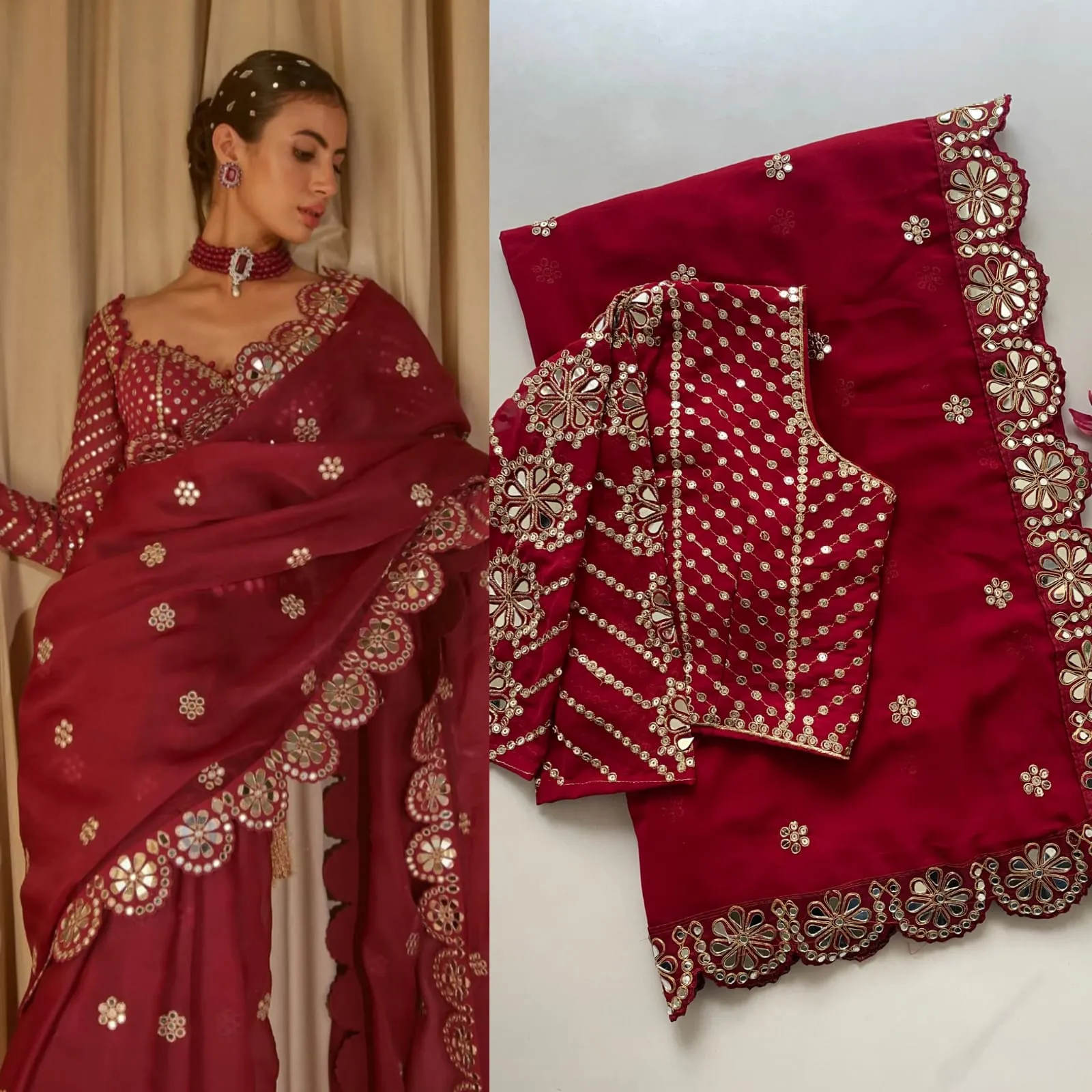Bollywood Inspired Red Mirror work Party Saree - Image 2