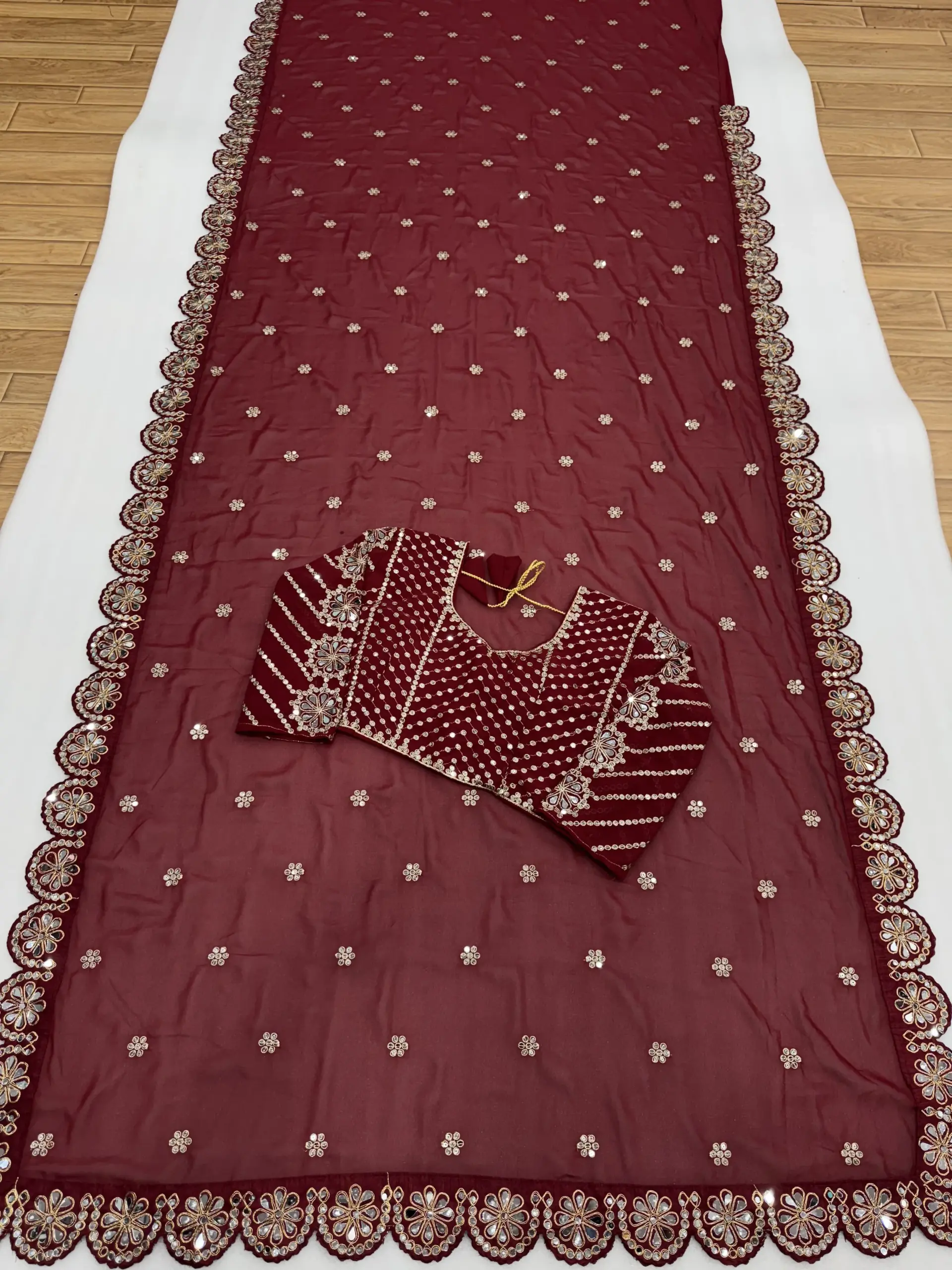 Bollywood Inspired Red Mirror work Party Saree - Image 3