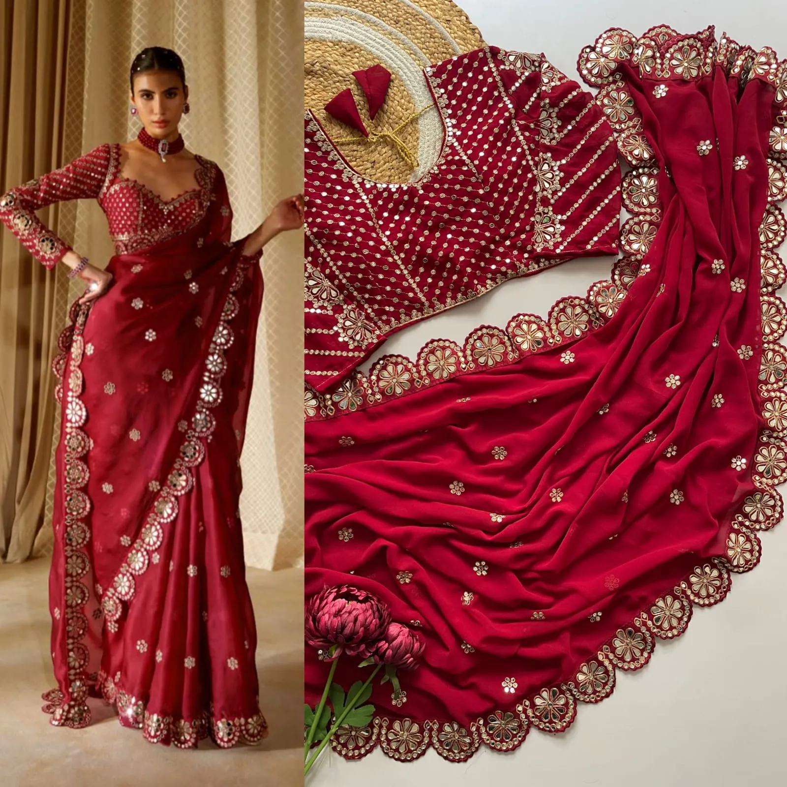 Bollywood Inspired Red Mirror work Party Saree - Image 4