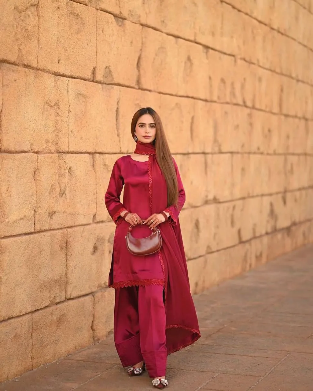Cherry Red Designer Farsi Salwar Suit