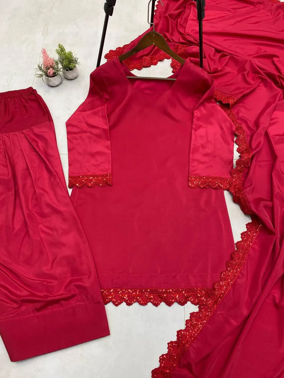 Cherry Red Designer Farsi Salwar Suit - Image 2