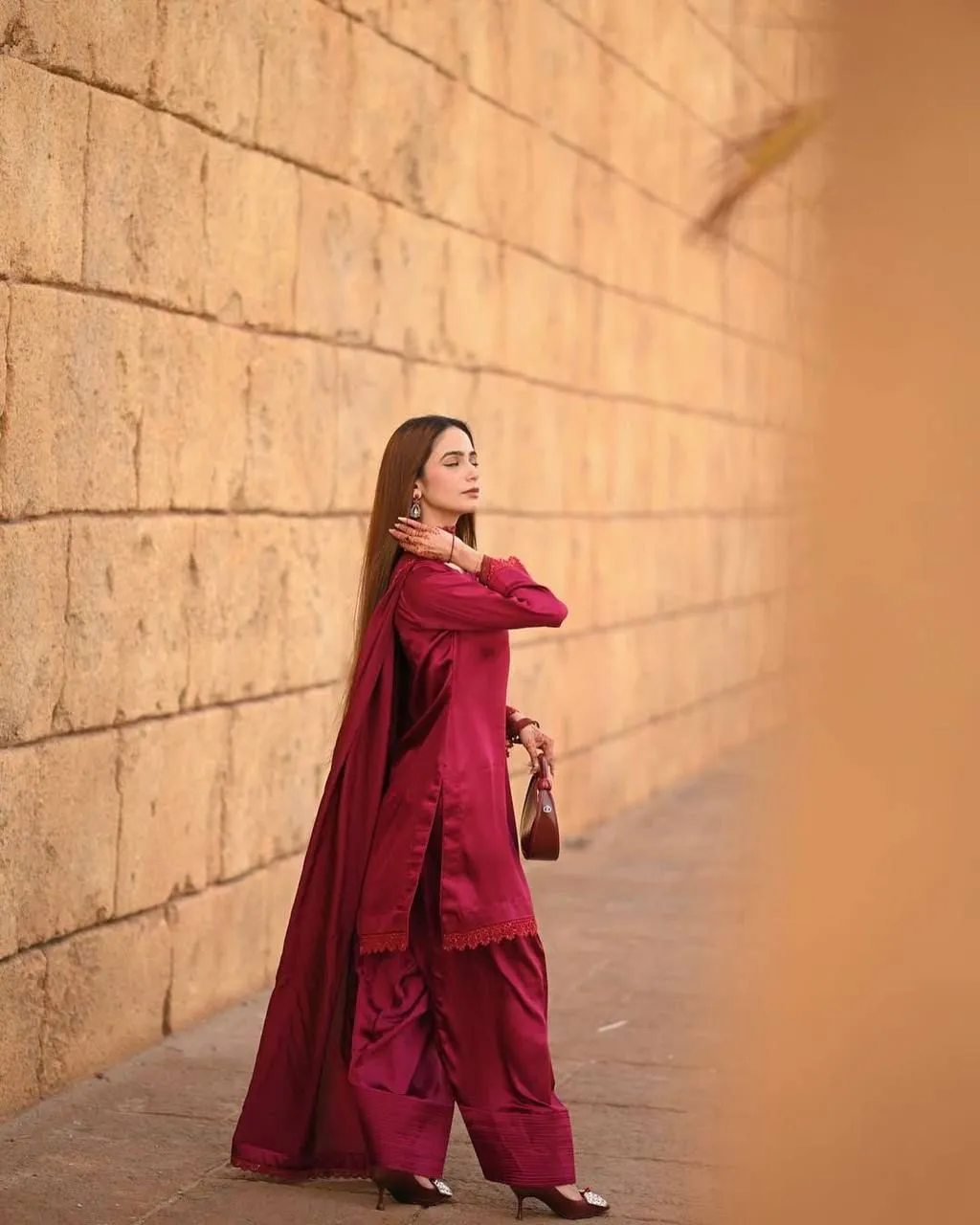 Cherry Red Designer Farsi Salwar Suit - Image 3
