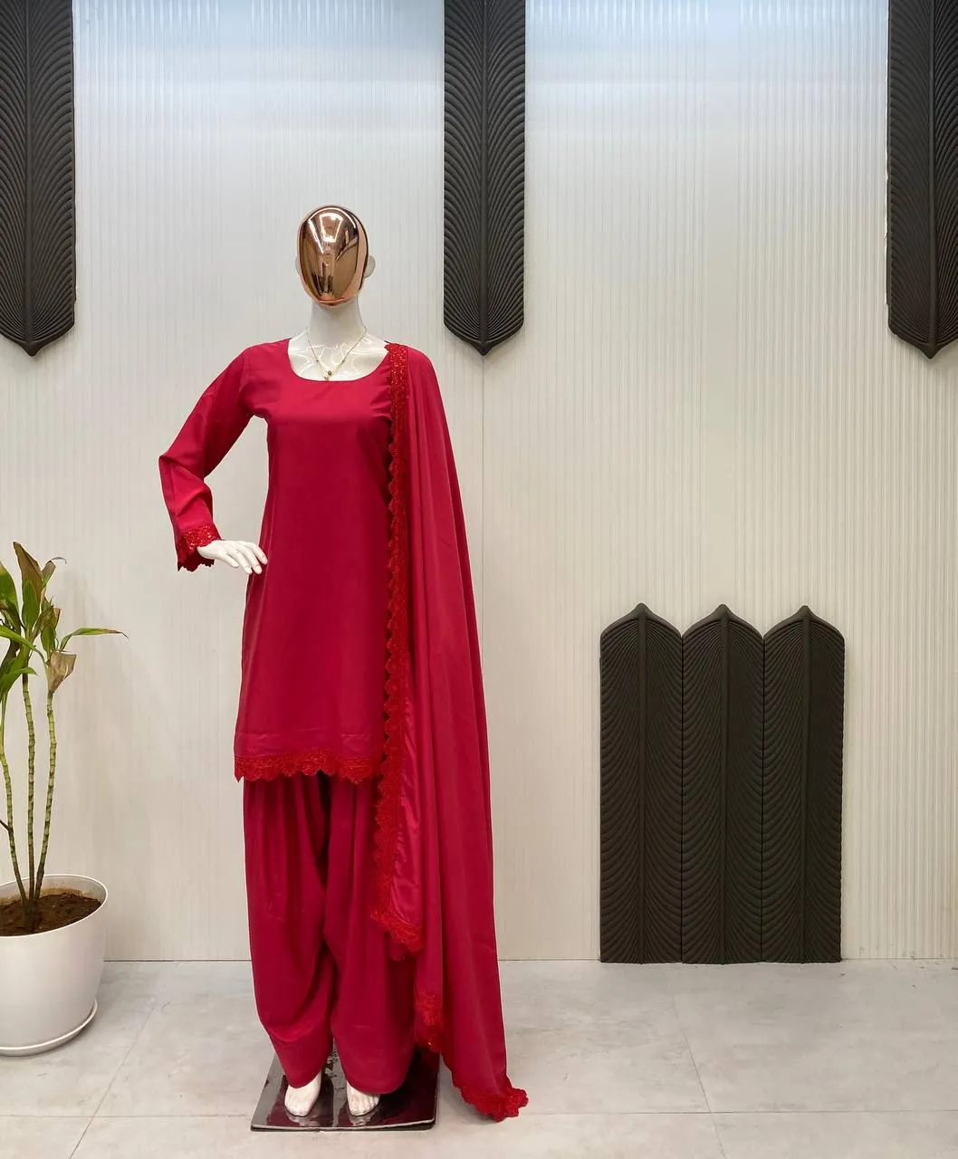 Cherry Red Designer Farsi Salwar Suit - Image 4