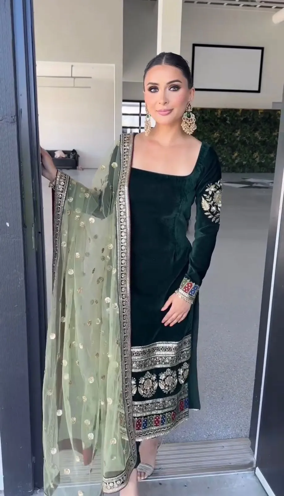 Embellished Green Velvet Straight Churidar Suit