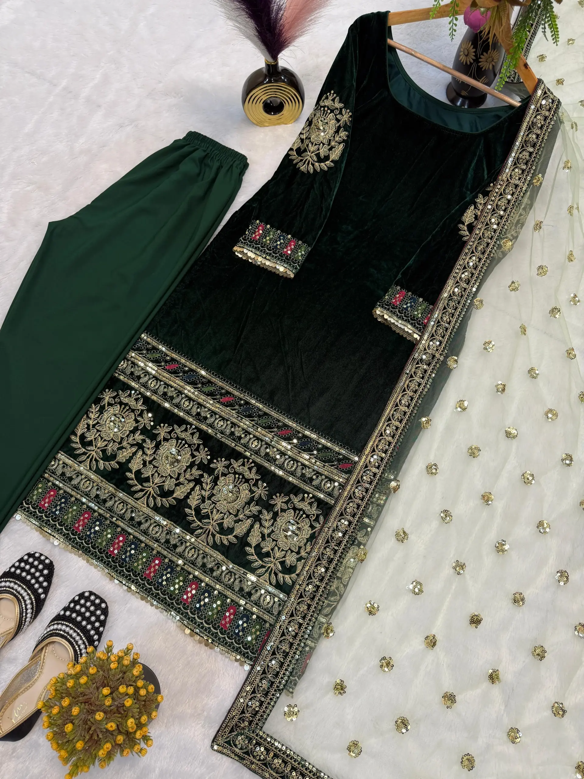 Embellished Green Velvet Straight Churidar Suit - Image 2