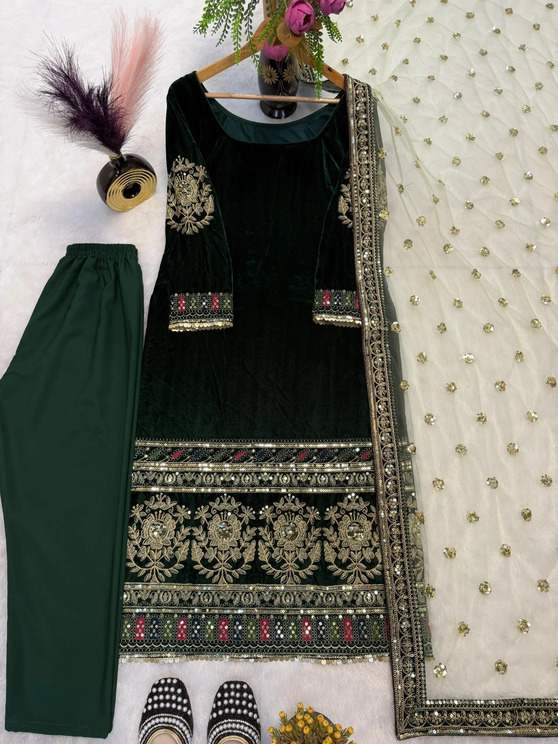Embellished Green Velvet Straight Churidar Suit - Image 3