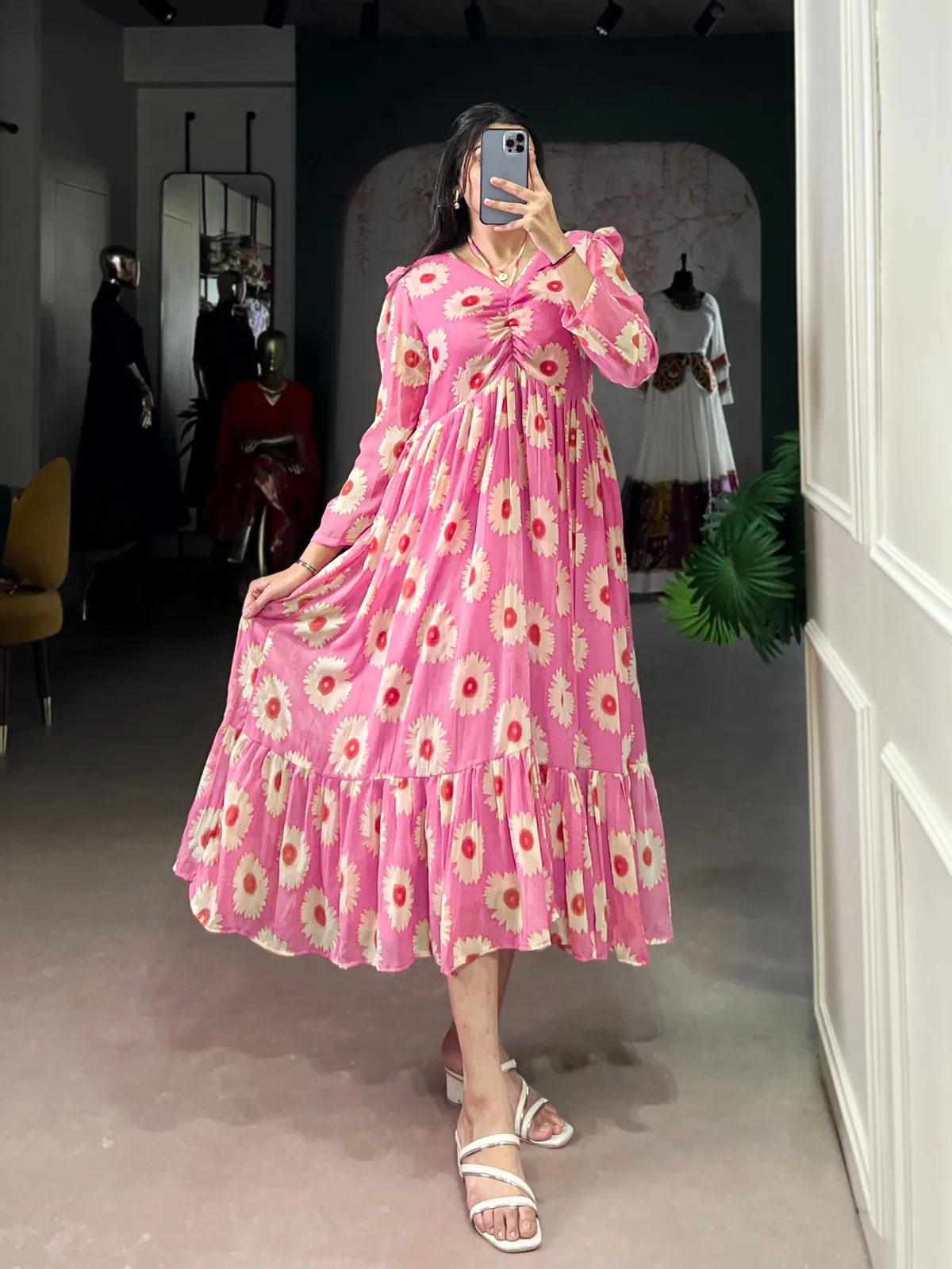 Fancy Readymade Floral Pink Frock