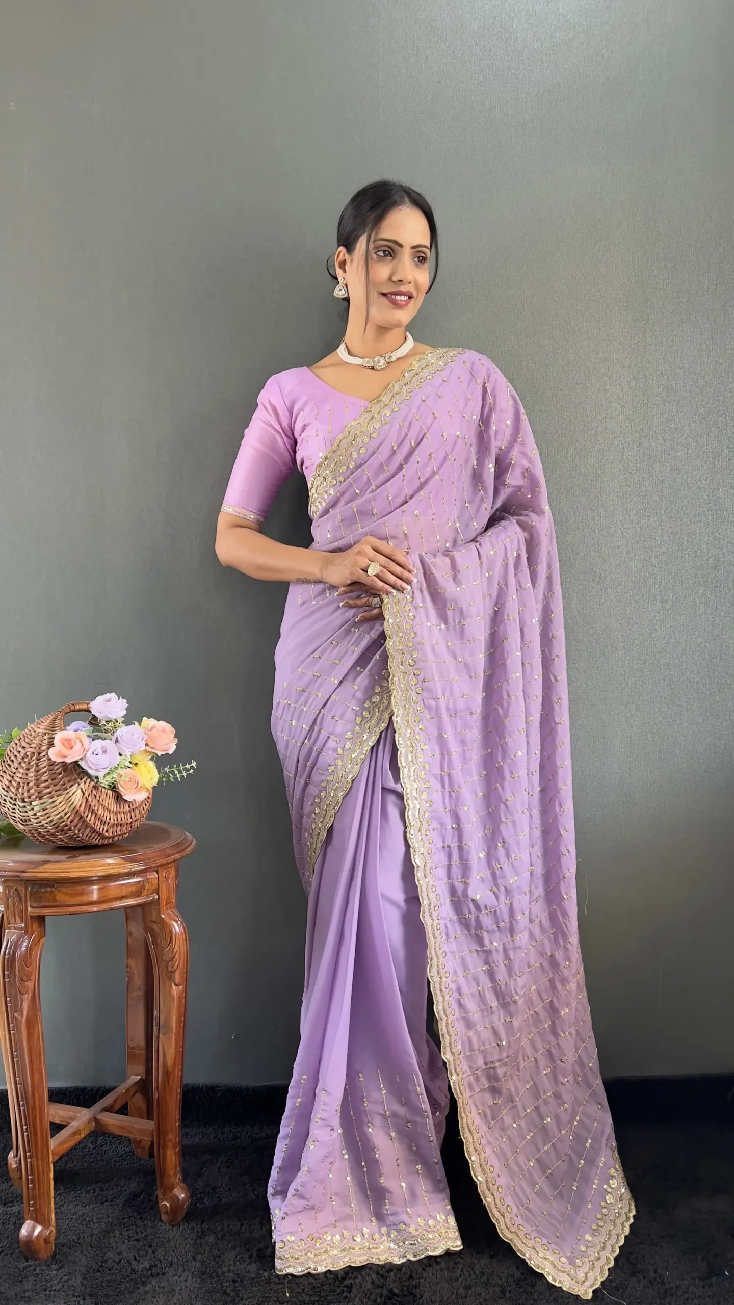 Light Purple Readymade Wedding Saree - Image 3