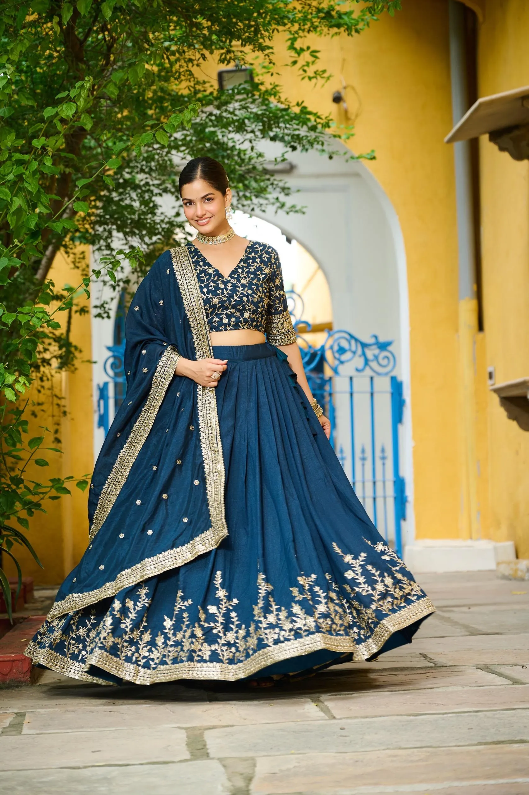 Navy blue Embroidered Lehenga Choli