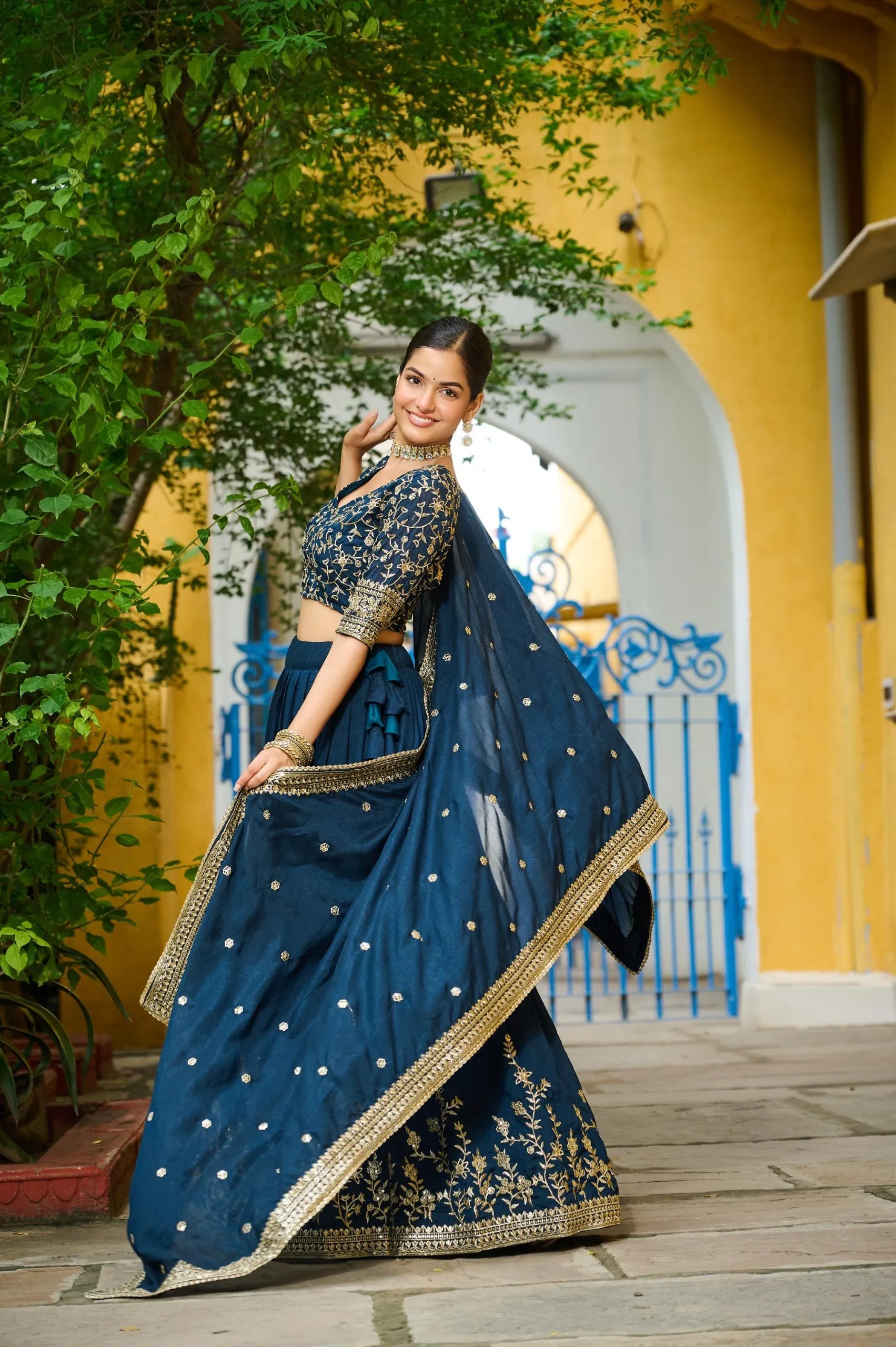 Navy blue Embroidered Lehenga Choli - Image 3